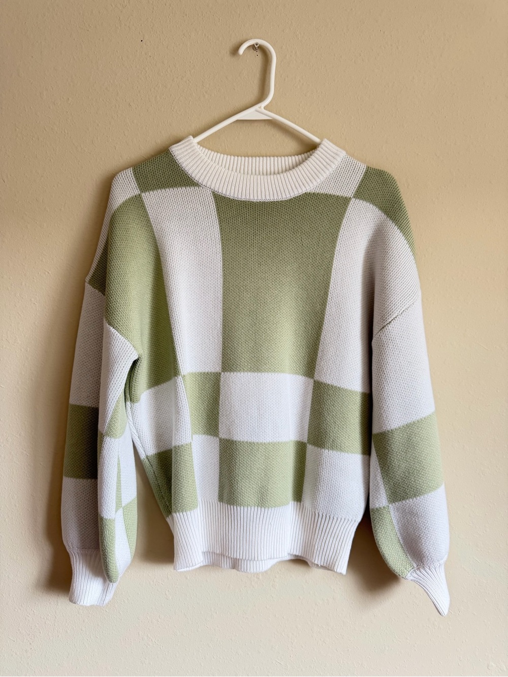 Rusty Cream and Light Green Checker Knit Sweater